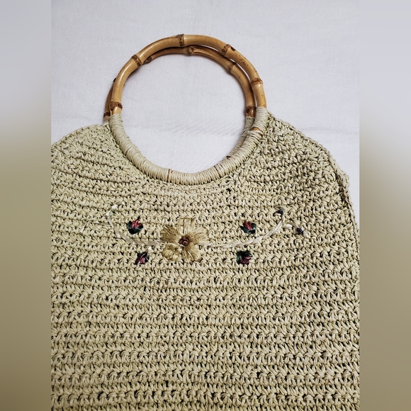 Vintage Fun Summer Straw Handbag With Bamboo Handles Floral Embroidered Boho - Picture 2 of 13